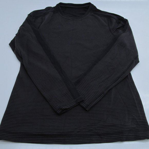 Lululemon Black Grey Striped Thumb Hole Long Sleeve Shirt Zipper Pocket - Picture 1 of 6